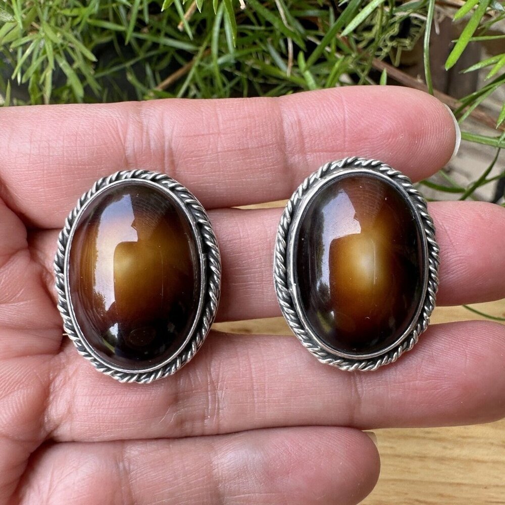 Vintage Taxco Mexico Earrings 1.25 Inch Amber Agate Braided 925 Sterling 22.9g